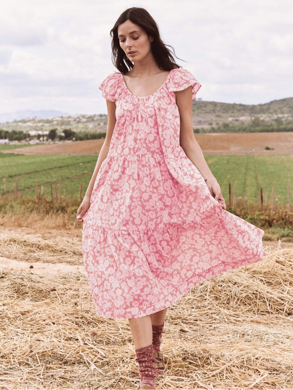 THE GREAT. Whipstitched Plumeria Midi Dress Pink Floral Vacation Cottagecore Sk6
